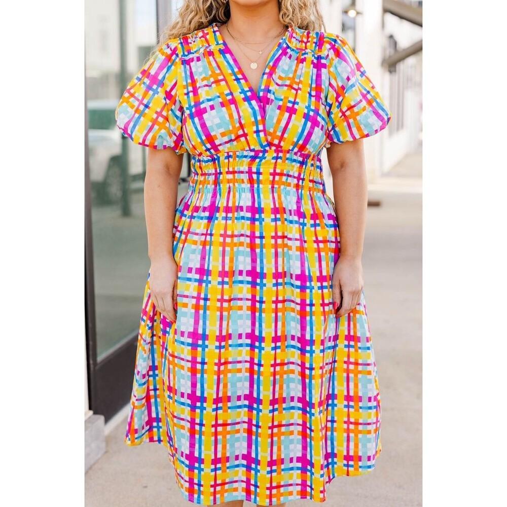 Plaid Midi Dress Colorful Stretch Smocked Waist Pink Yellow Blue NWT Sz 3X - Picture 5 of 16